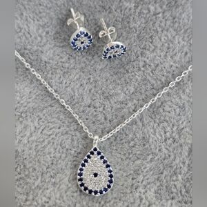 925 Sterling Silver Blue and White CZ Necklace and Stud Earrings Set